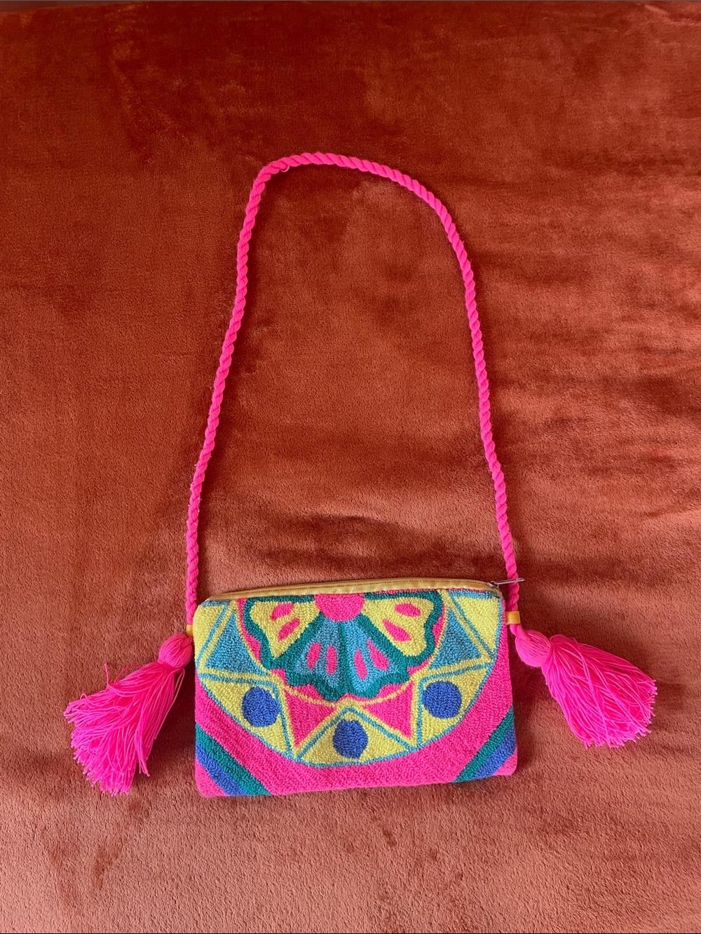 Colorful Embroidered Pink Crossbody Bag with Tassels